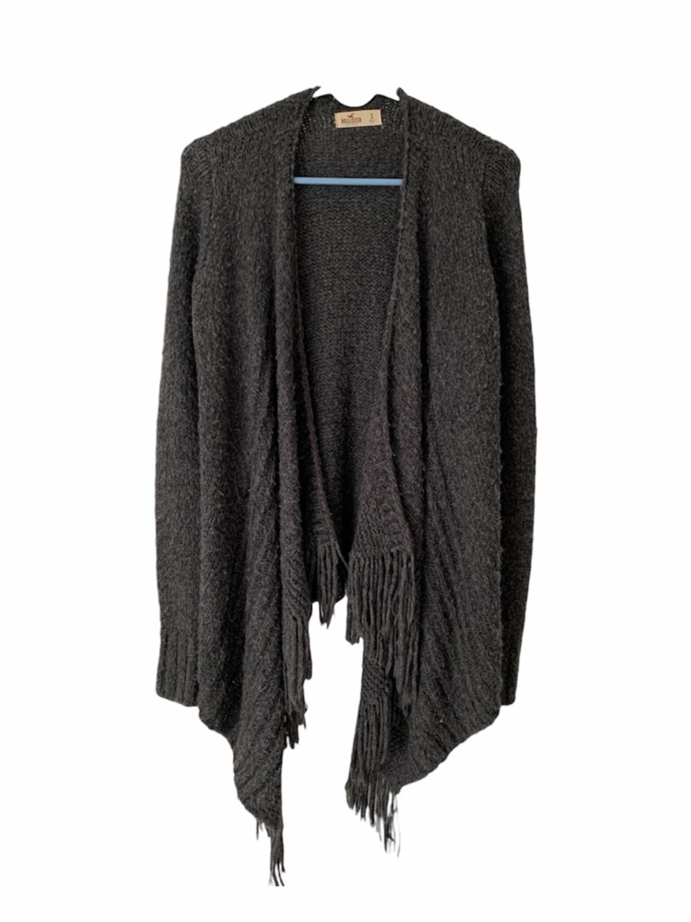 Hollister Dark Gray Open Front Fringe Knit Cardigan Sweater Small